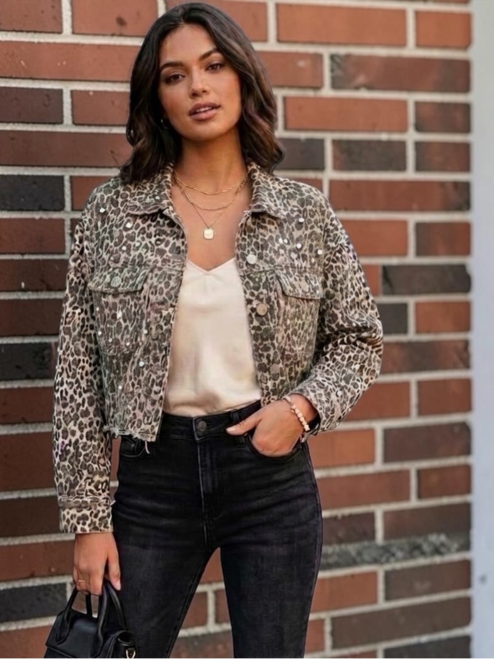 Vervet Leopard Faux Diamond and Pearl Printed Cropped Denim Jacket